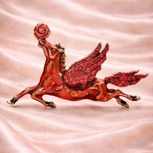 Red Angel Horse Pegasus Brooch with Rose Accent